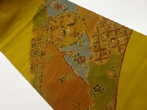 本場縞大島金彩変わり雪輪に花丸文・向かい鳥・古典柄模様刺繍名古屋帯